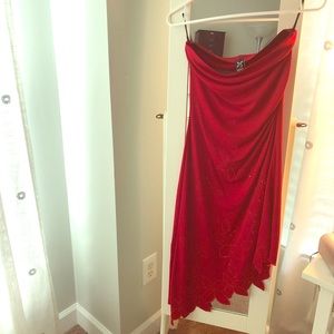 Red strapless dress with beaded flowers